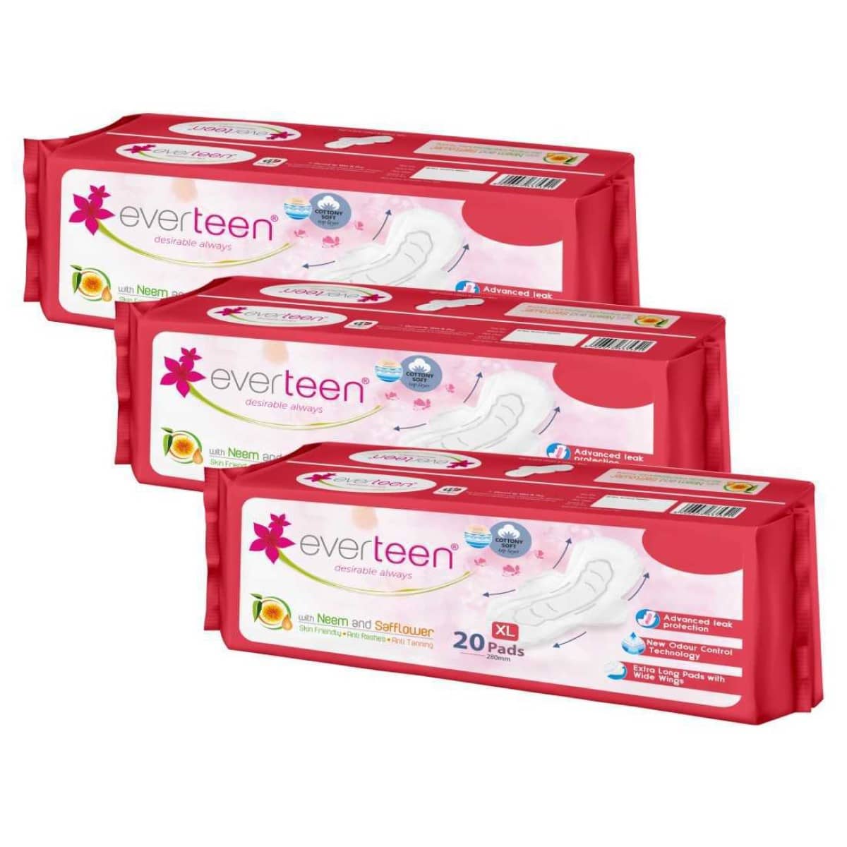 everteen XL Sanitary Napkin Pads-Soft Top Layer for Women - 3 Packs (20 Pads, 280mm Each)