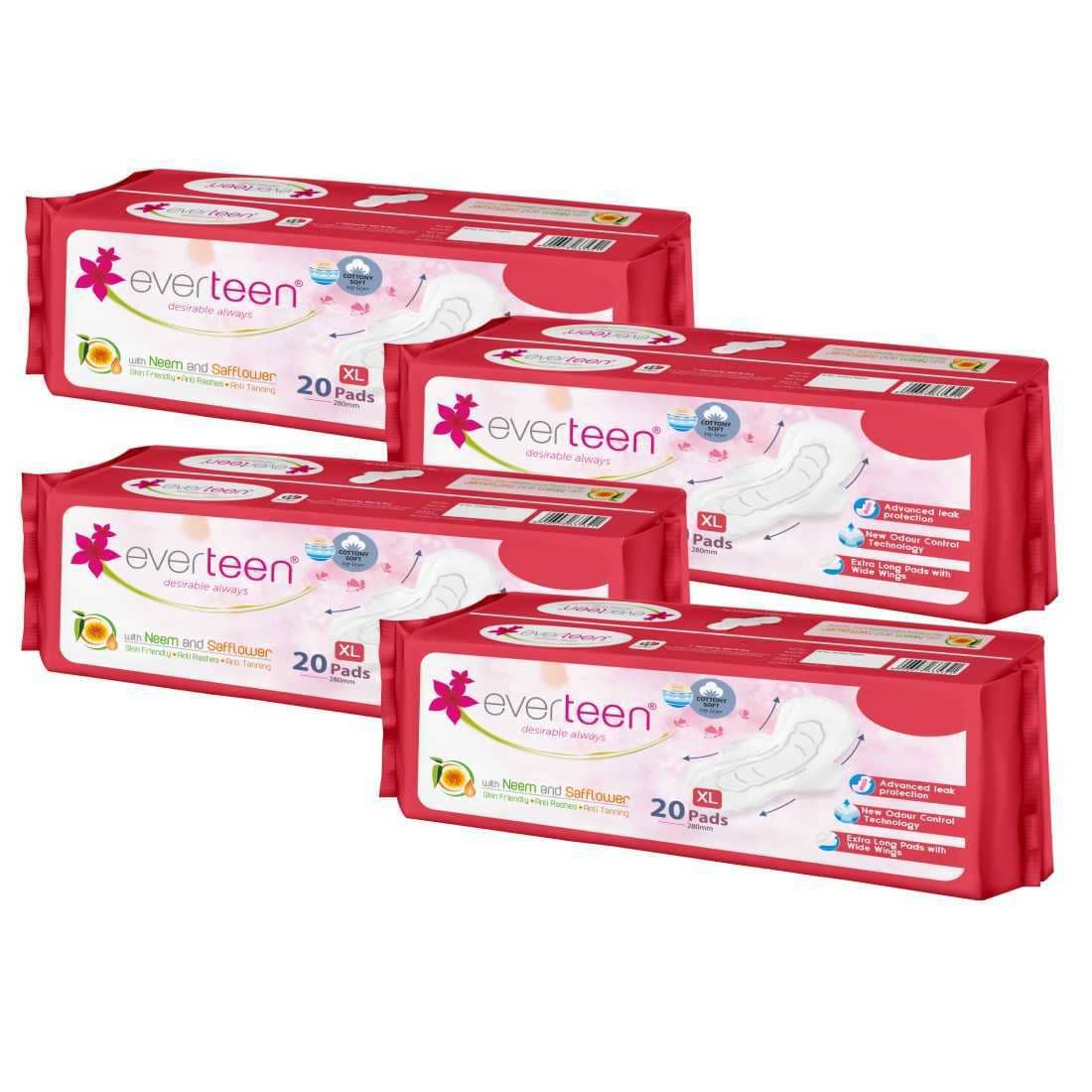 everteen XL Sanitary Napkin Pads Cottony-Soft Top Layer for Women - 4 Packs (20 Pads, 280mm Each)