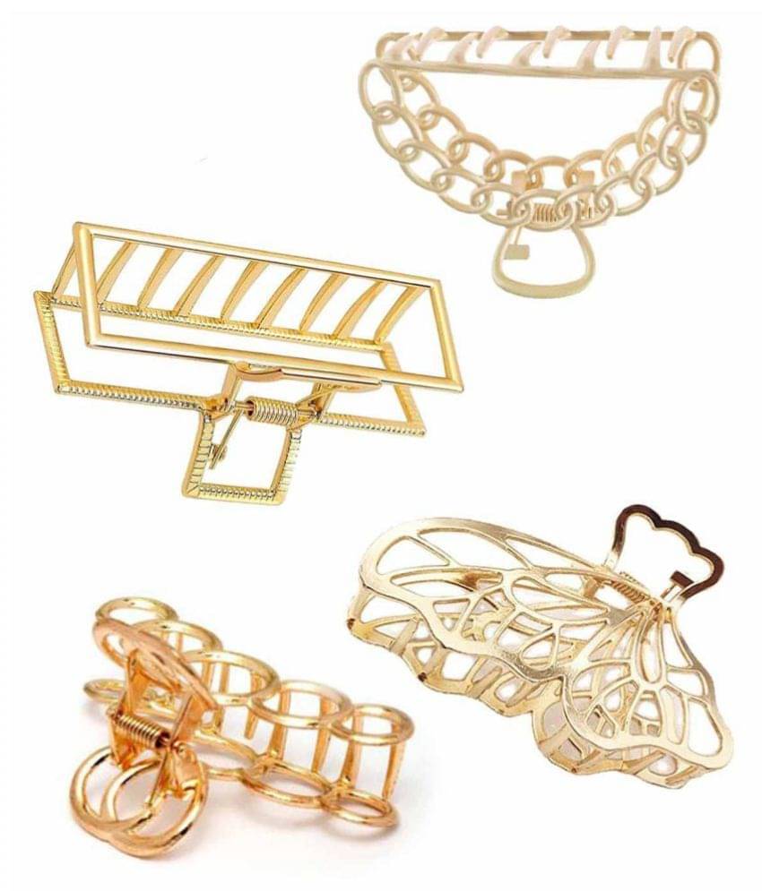     			FOK Pack Of 4 Large Metal Hollow Non Slip Hair Clutcher Clamp Claw Clips for Women Girls (Gold)