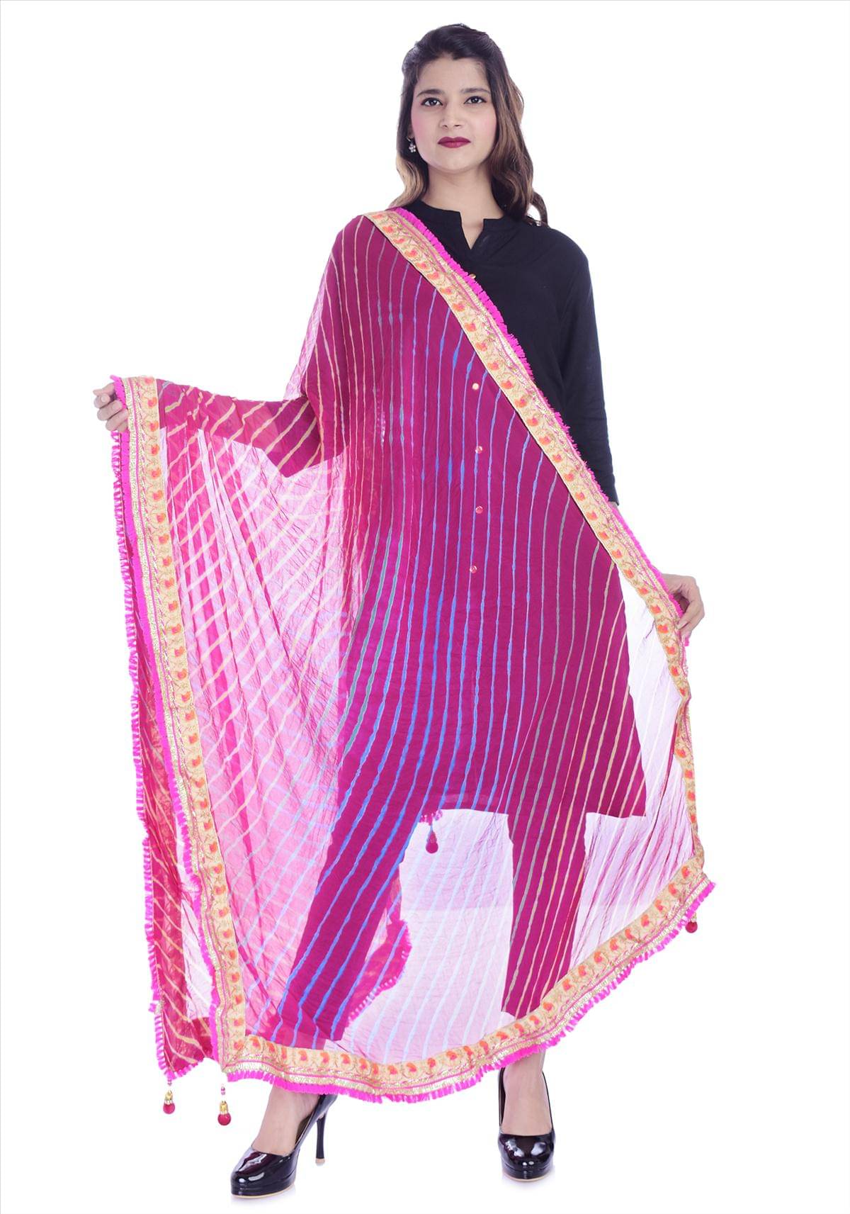     			Raj Pink Chiffon Leheria Dupatta - Single