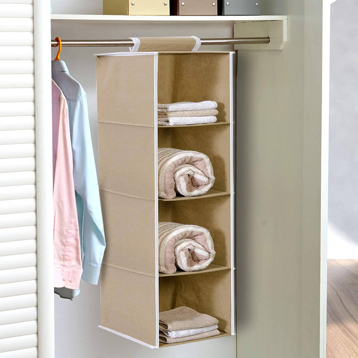 4 Shelf Closet Hanging Organizer,Wardrobe Organizer Clothes Storage Hanger for Family Closet Bedroom, Foldable and Universal Fit (Grey)