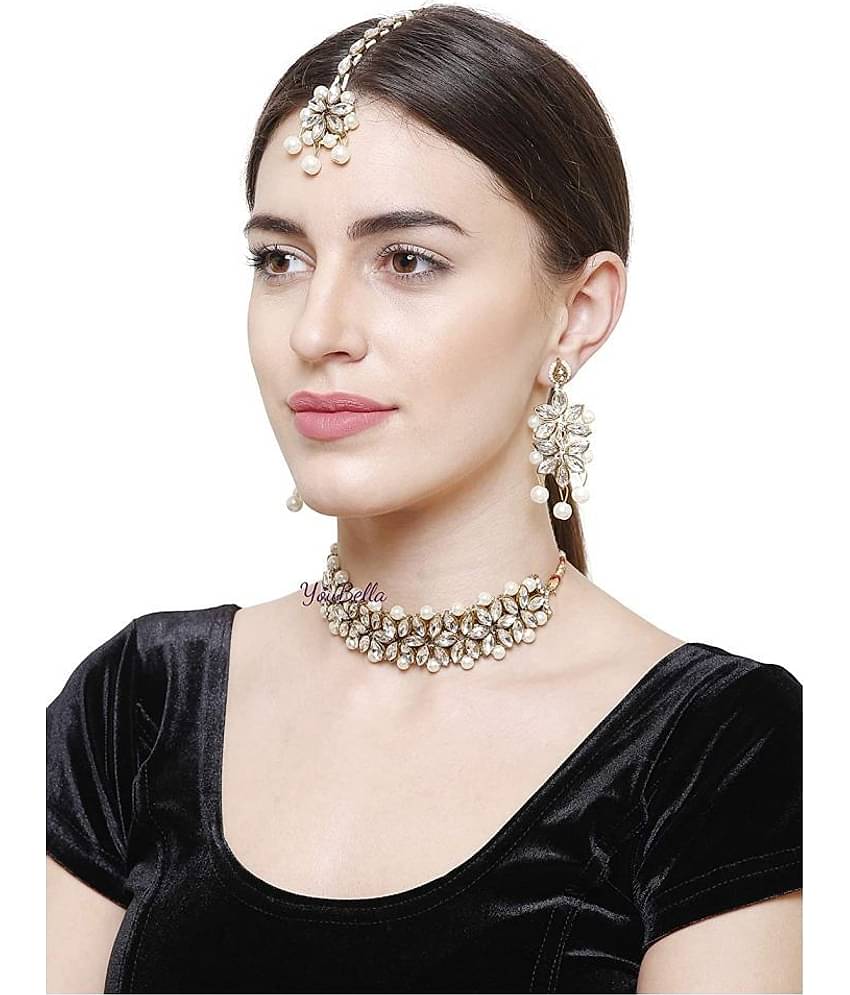 YouBella Jewellery Sets for Women Gold Plated Wedding Bridal Necklace Jewellery Set with Earrings for Girls/Women (White)