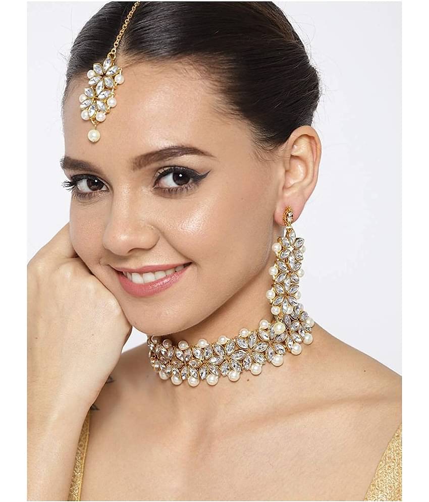 YouBella Jewellery Sets for Women Gold Plated Wedding Bridal Necklace Jewellery Set with Earrings for Girls/Women (White)