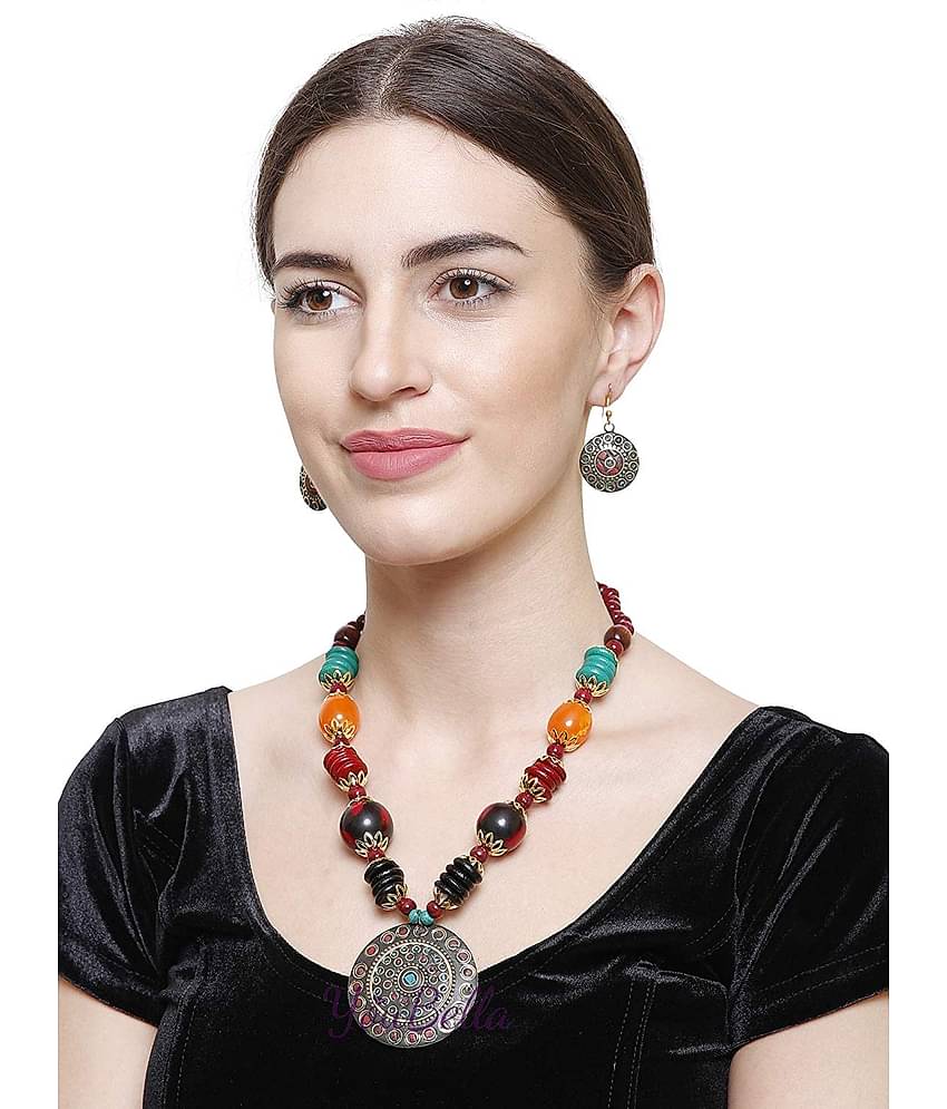 YouBella Jewellery Set for Women Tibetan Pendant Necklace with Earrings for Women & Girls (Gift) Tribal Necklace Jewellery Beads Necklace