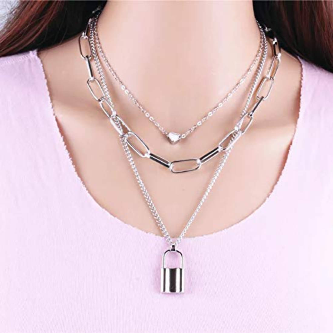     			YouBella Jewellery for women Lock Heart Pendant Necklace for Women & Girls (Silver)