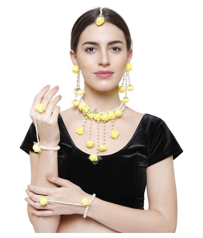     			YouBella Jewellery Set for Women Floret Gota Patti Necklace, Earrings, Bracelet & Maang Tika for Women & Girls (Mehandi/Haldi) (Yellow)