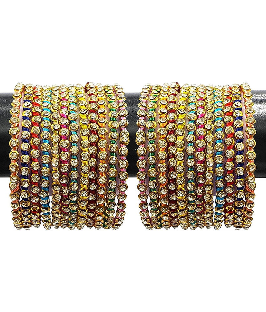 Youbella Traditional Thread Work Multi-Color Gold Plated Bracelet Bangle For Women - Set Of 24 (2.6)