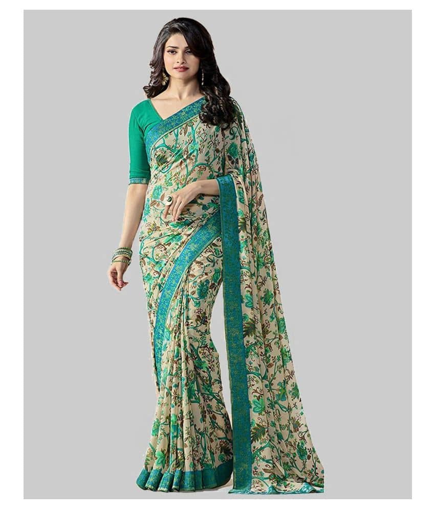 Gazal Fashions Chiffon Printed Saree With Unstitched Blouse Piece ( Green ) - Sarees | Buy online on ZillyBuy