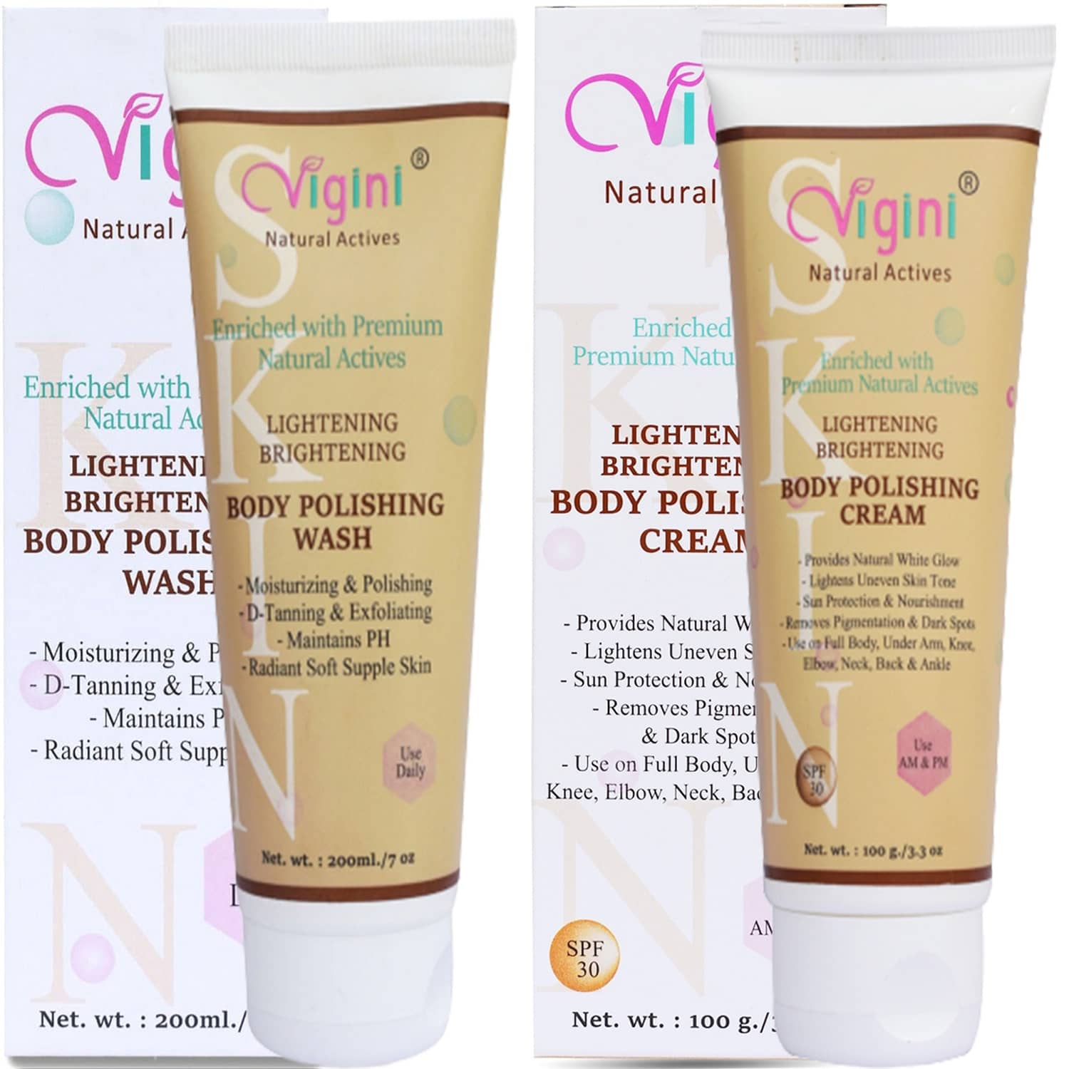 Vigini Face Skin Whitening Brightening Vitamin C Body Polishing Fairness Kit Glutathione Kojic Face Serum SPF 30 300 mL