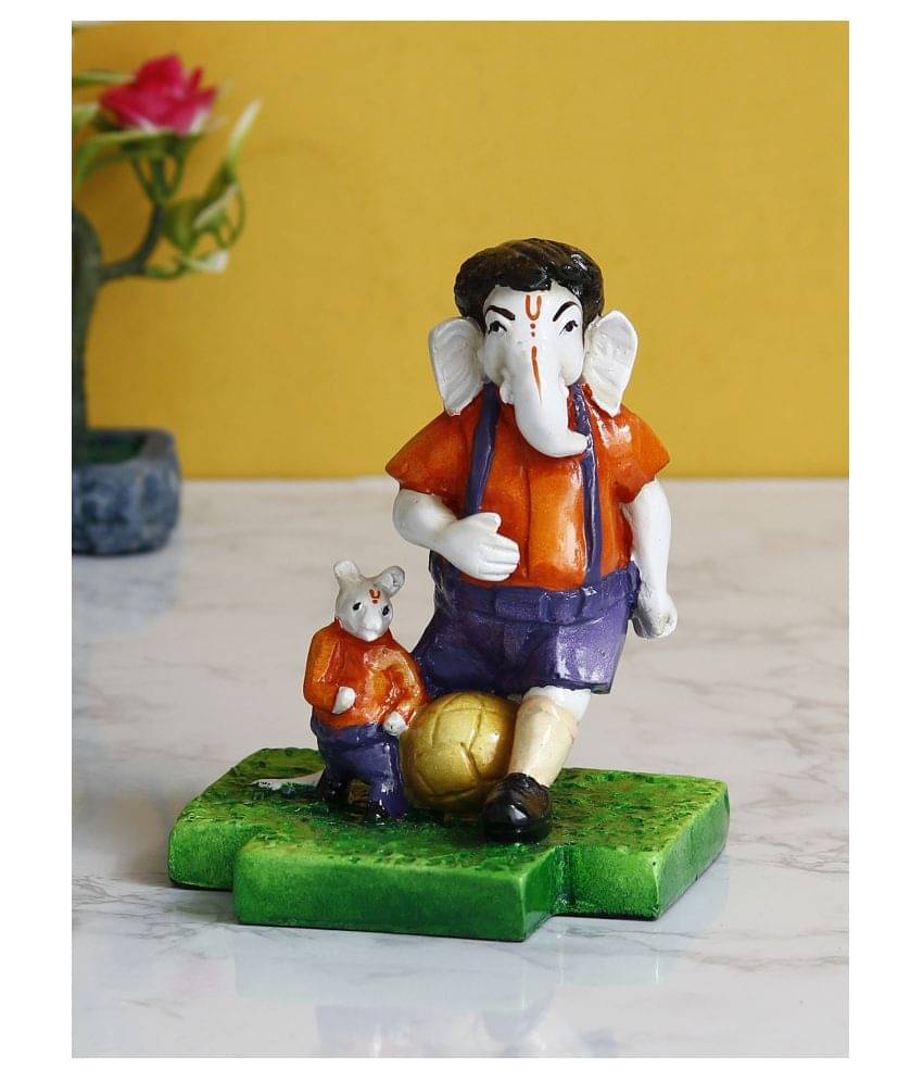     			eCraftIndia Orange & Purple Lord Ganesha Playing Football With Mushak Handcrafted Decorative Figurine Showpiece
