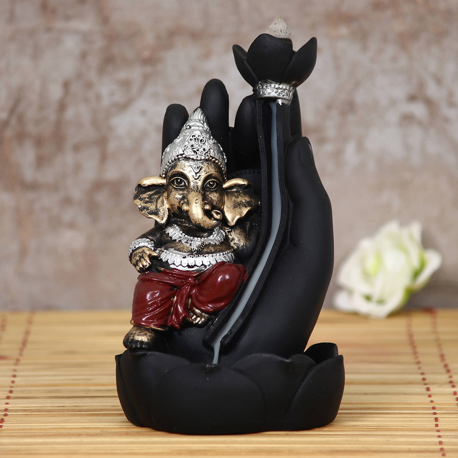     			eCraftIndia Black & Gold-Toned Lord Ganesha Idol with Smoke Backflow Cone Incense Holder
