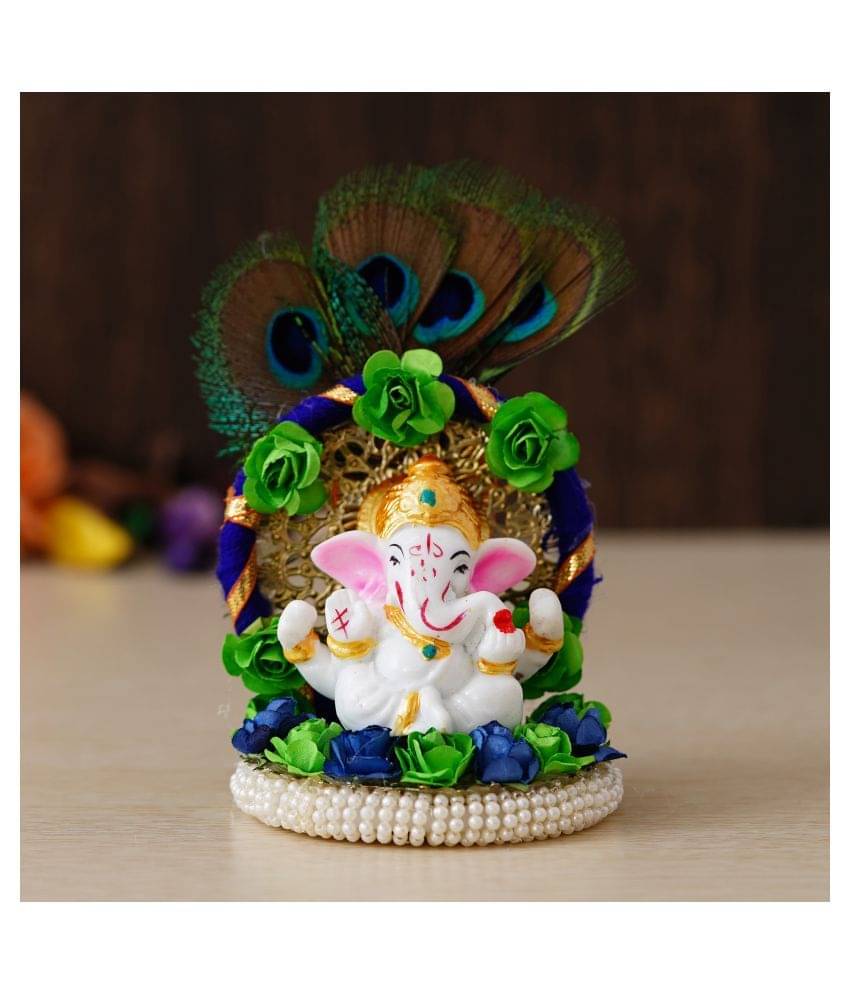     			eCraftIndia Blue & Green Handcrafted Lord Ganesha Idol On Floral Plate with Peacock Feather Decorative Showpiece