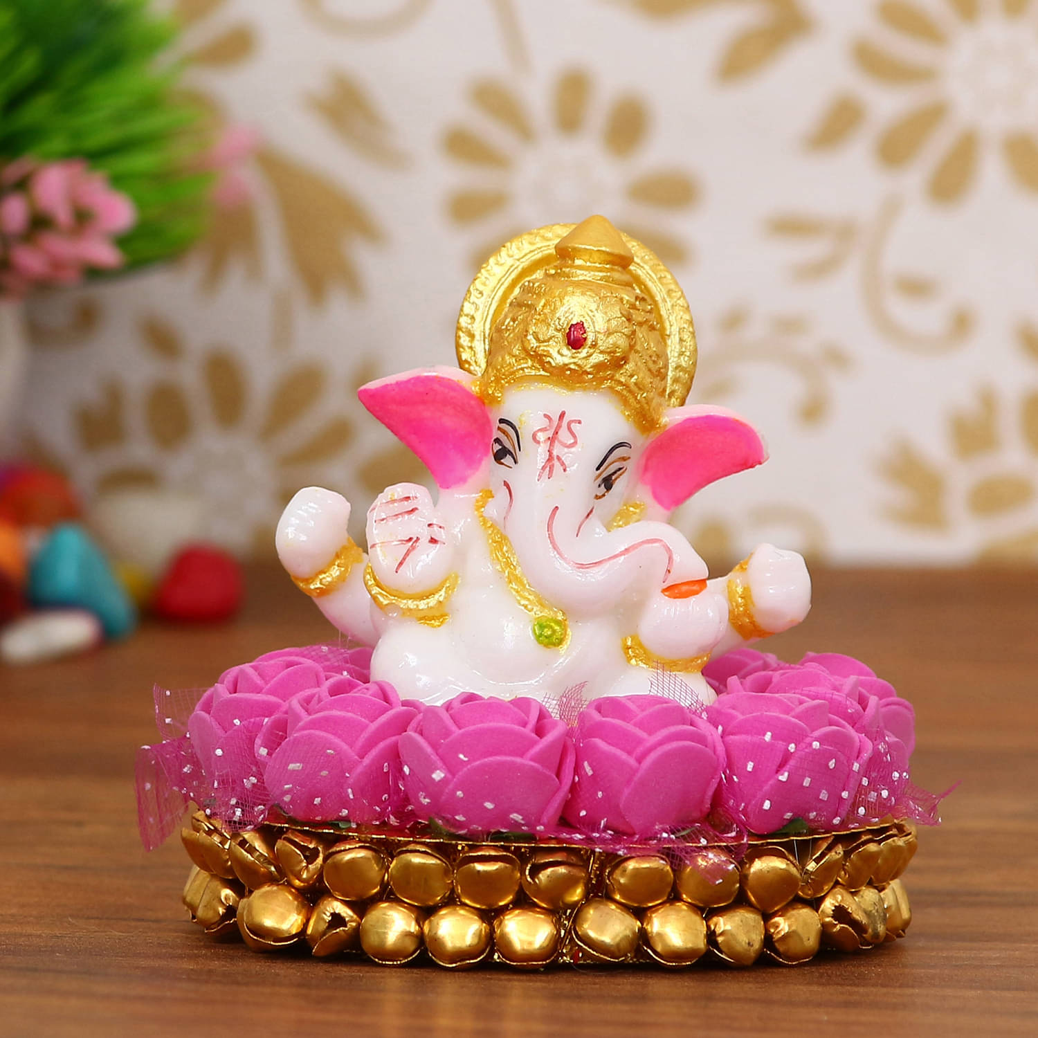 eCraftIndia White & Pink Handcrafted Lord Ganesha Idol On Plate With Flowers Showpiece eCraftIndia White & Pink Handcrafted Lord Ganesha Idol On Plate With Flowers Showpiece