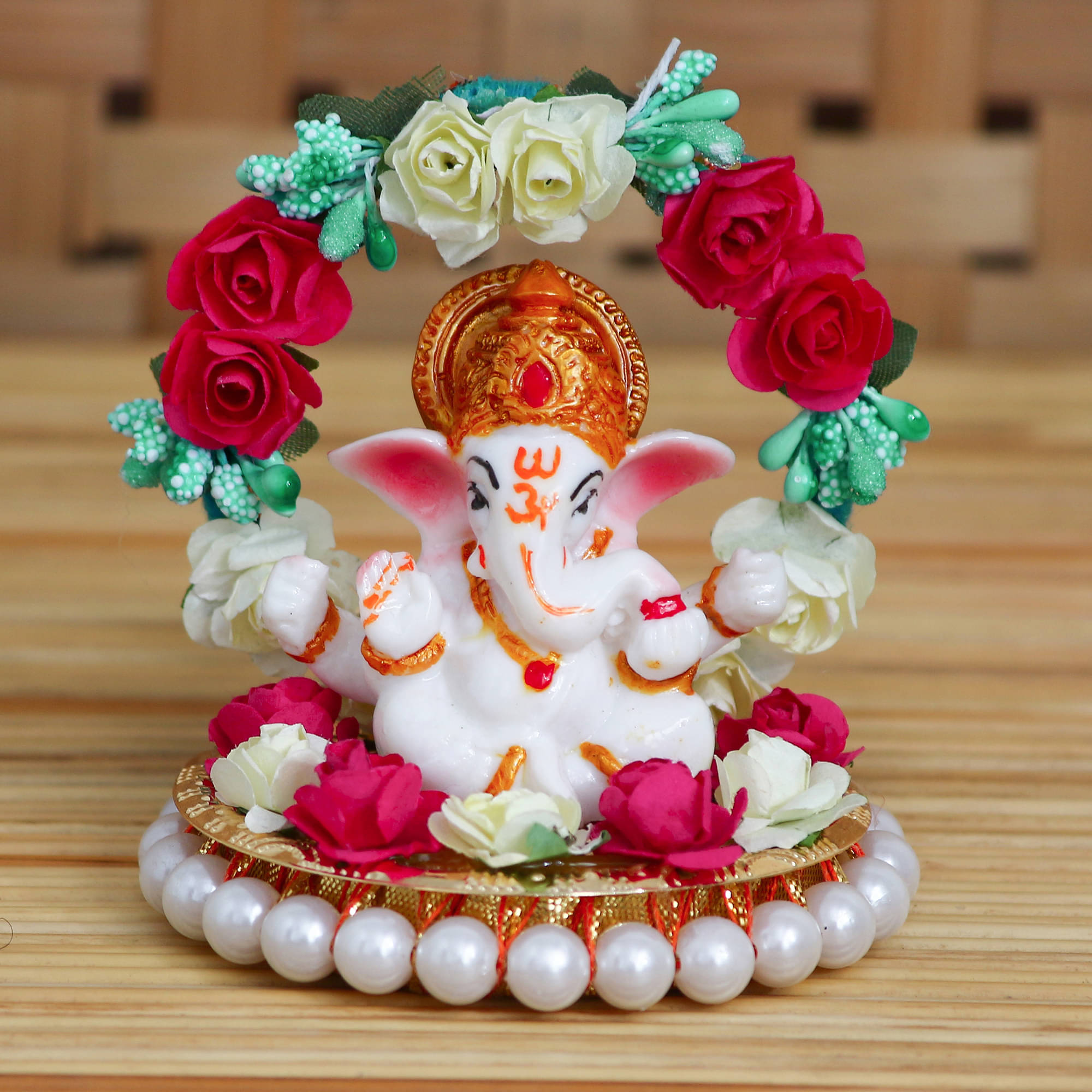 eCraftIndia Red & White Handcrafted Lord Ganesha Idol On Plate With Throne Of Flowers eCraftIndia Red & White Handcrafted Lord Ganesha Idol On Plate With Throne Of Flowers