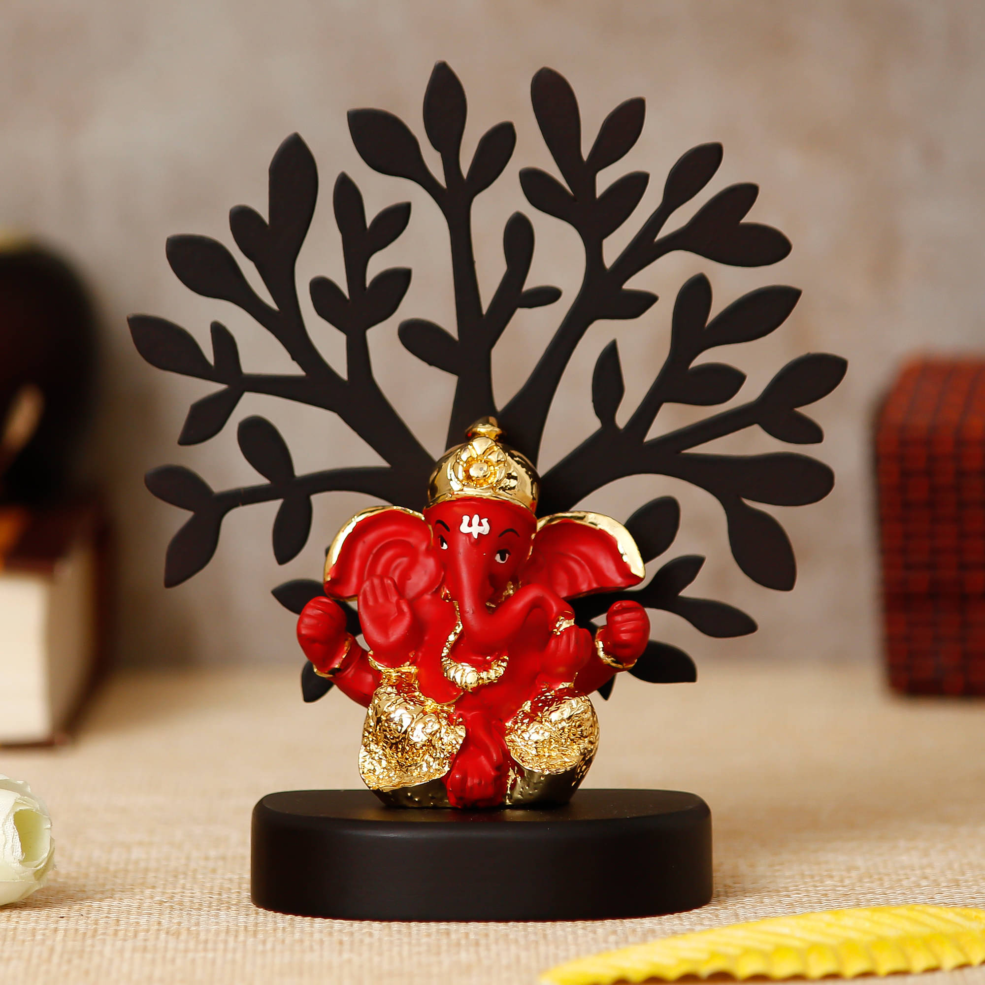 eCraftIndia Gold Plated Orange Dhoti Ganesha Decorative Showpiece with Wooden Tree for Home/Temple/Office/Car Dashboard eCraftIndia Gold Plated Orange Dhoti Ganesha Decorative Showpiece with Wooden Tree for Home/Temple/Office/Car Dashboard