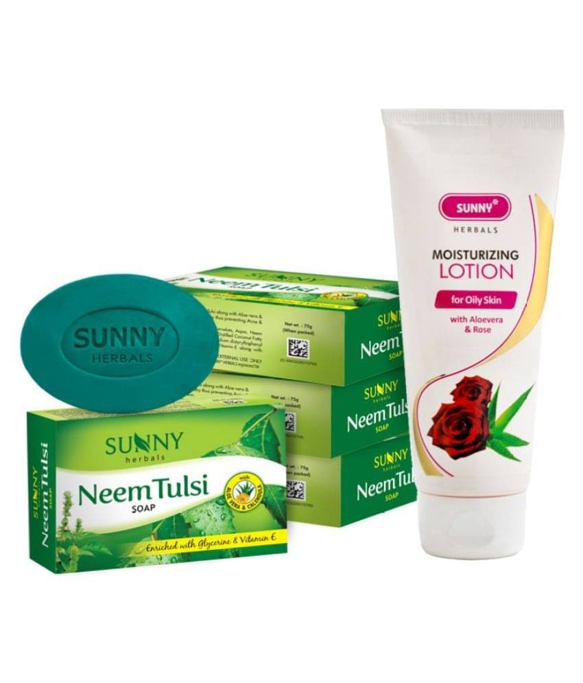 SUNNY HERBALS Aloevera & Rose Lotion 100ml and Neem Tulsi Soap (75g*4)300 g     			SUNNY HERBALS Aloevera & Rose Lotion 100ml and Neem Tulsi Soap (75g*4)300 g
