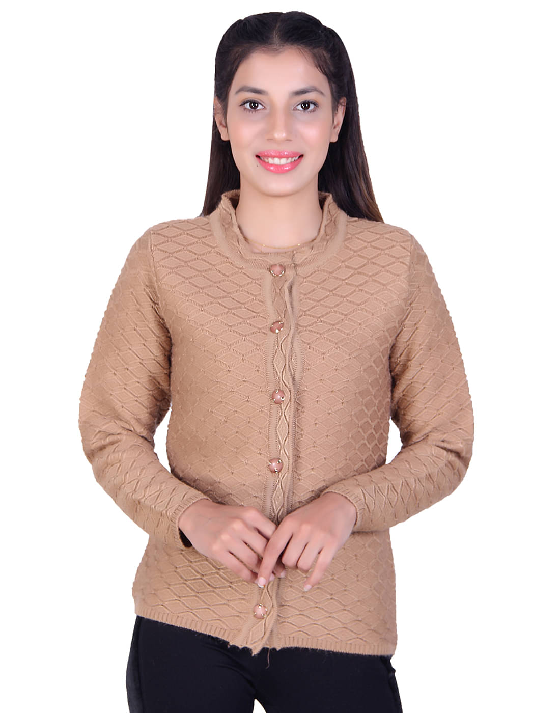 Varenyam Acrylic Beige Buttoned Cardigans - Single Varenyam Acrylic Beige Buttoned Cardigans - Single