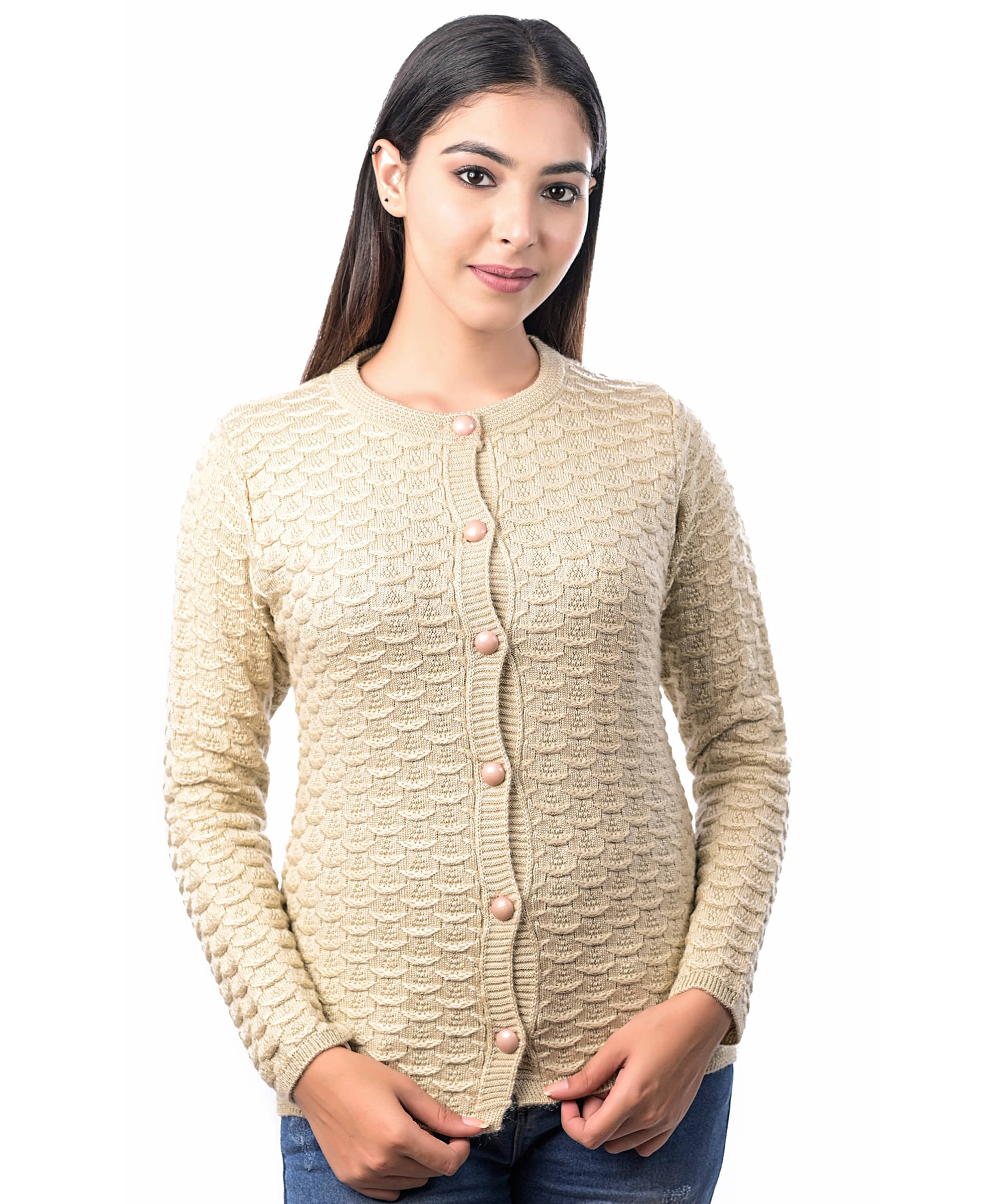 Varenyam Acrylic Beige Buttoned Cardigans - Single Varenyam Acrylic Beige Buttoned Cardigans - Single
