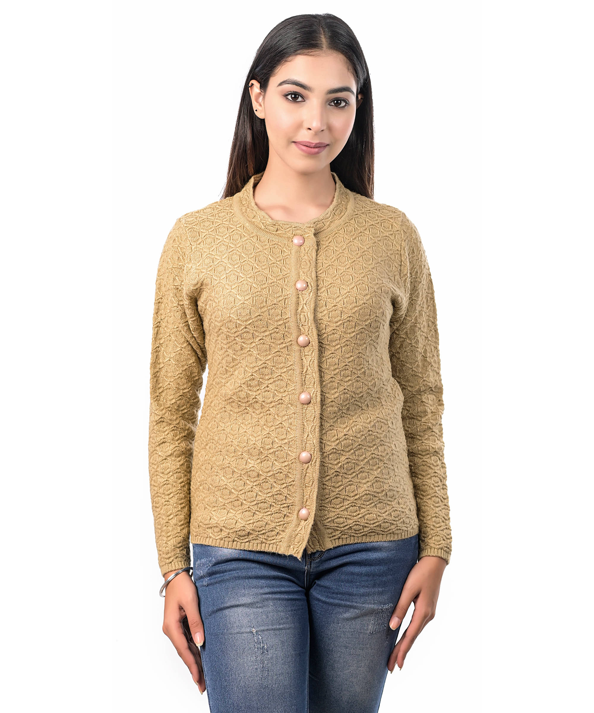     			Varenyam Acrylic Beige Buttoned Cardigans - Single