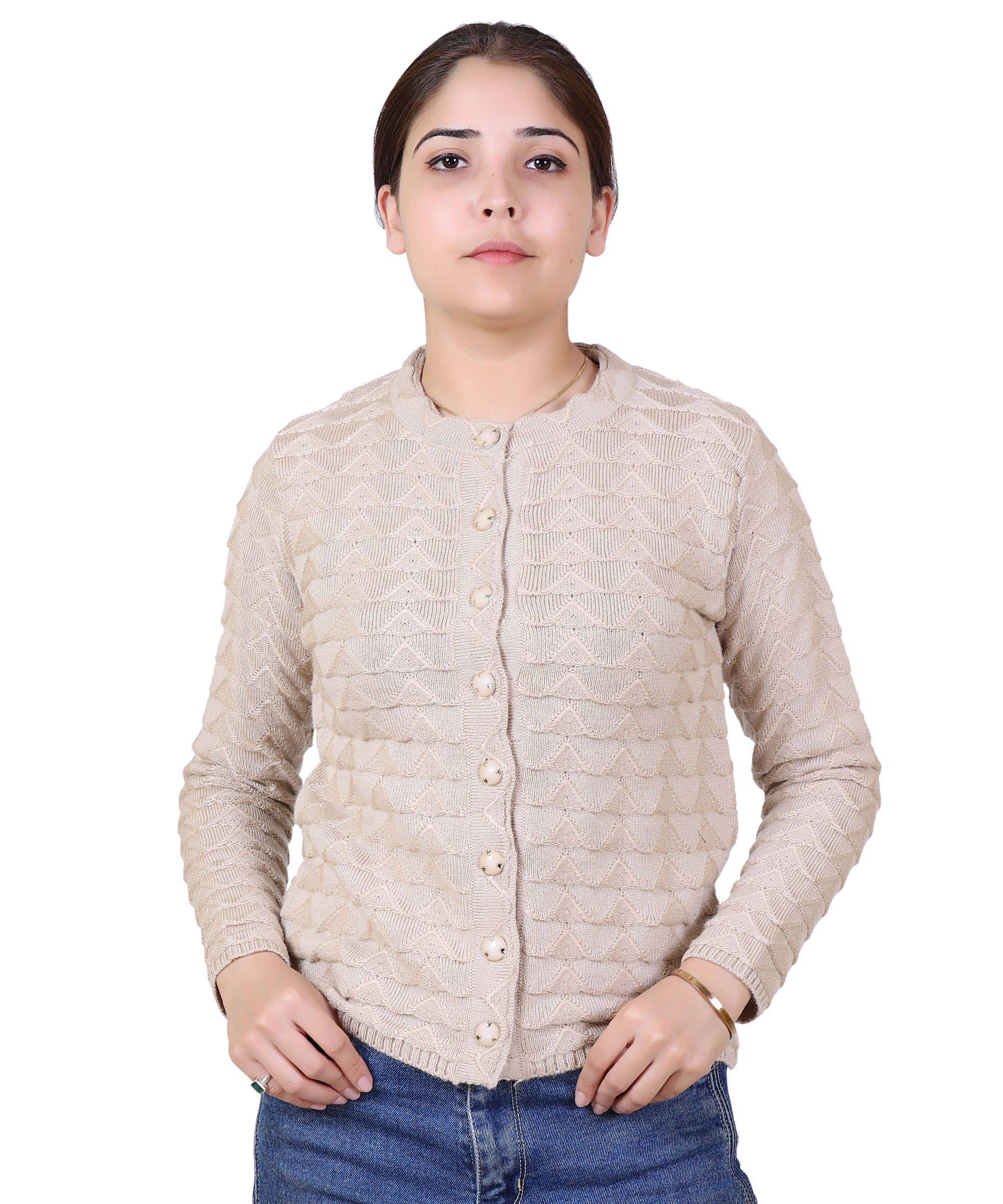     			Varenyam Acrylic Beige Buttoned Cardigans - Single