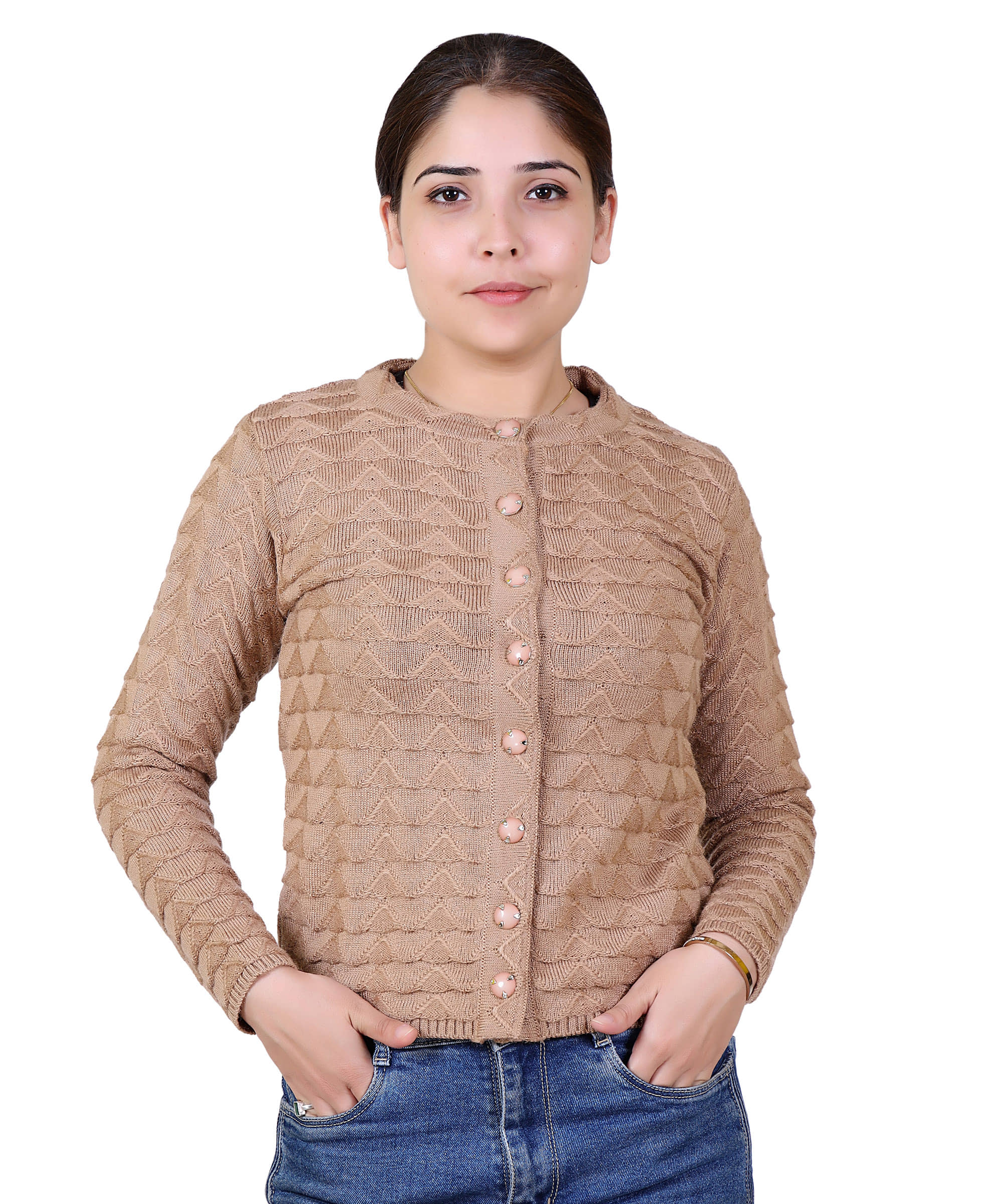 Varenyam Acrylic Beige Buttoned Cardigans - Single