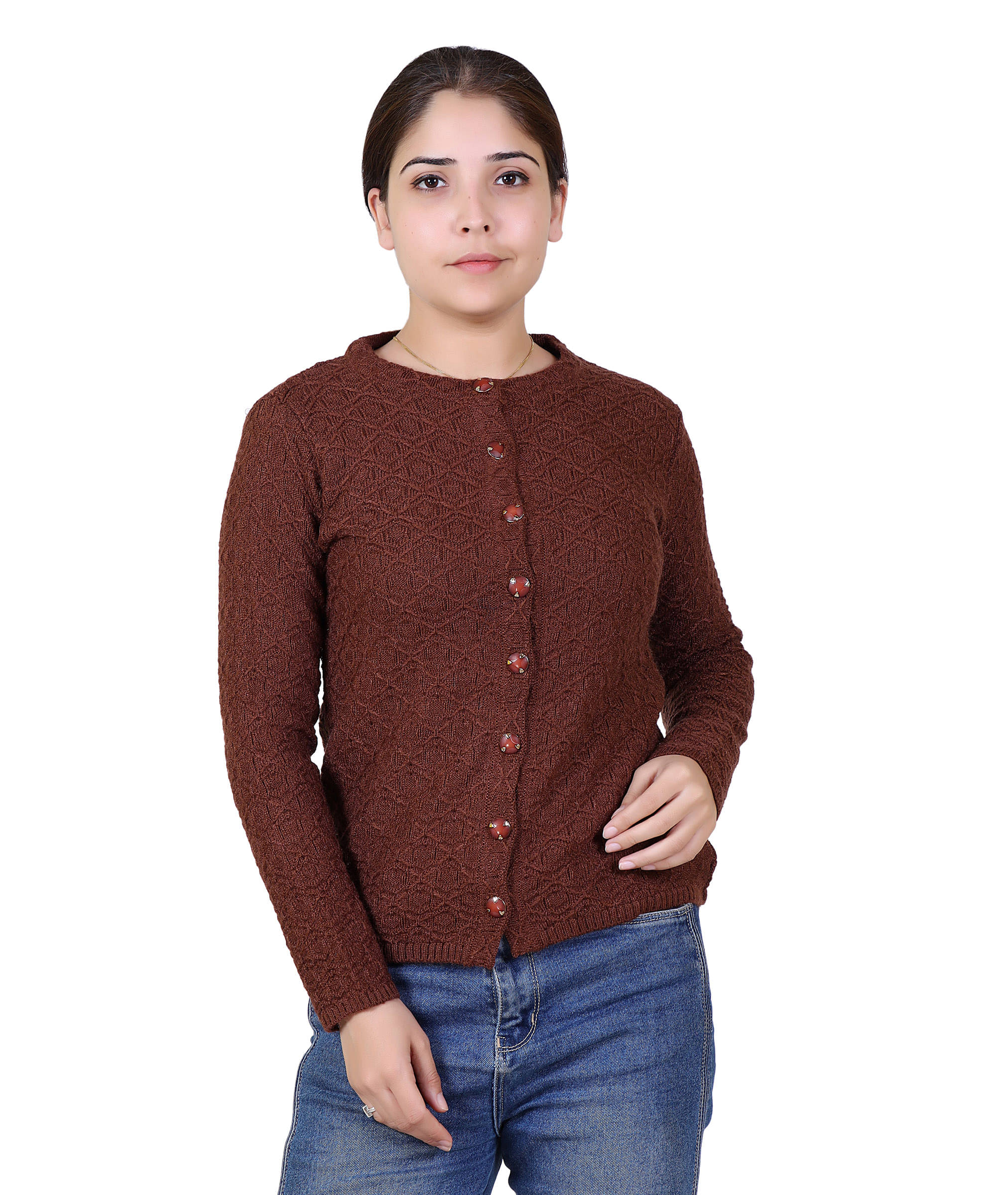 Varenyam Women Acrylic Round Neck Cardigan ( Brown ) Varenyam Women Acrylic Round Neck Cardigan ( Brown )