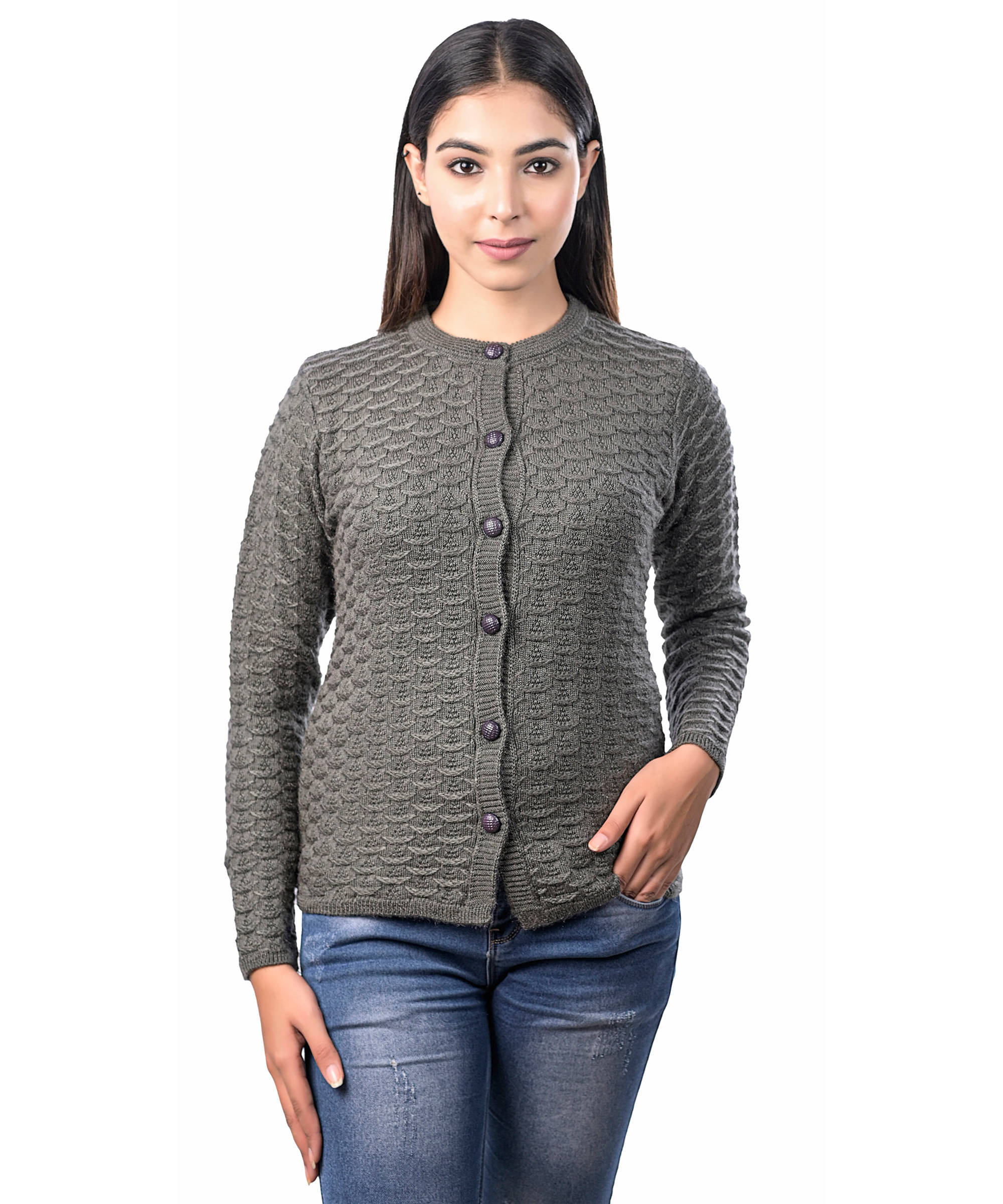     			Varenyam Acrylic Grey Buttoned Cardigans - Single