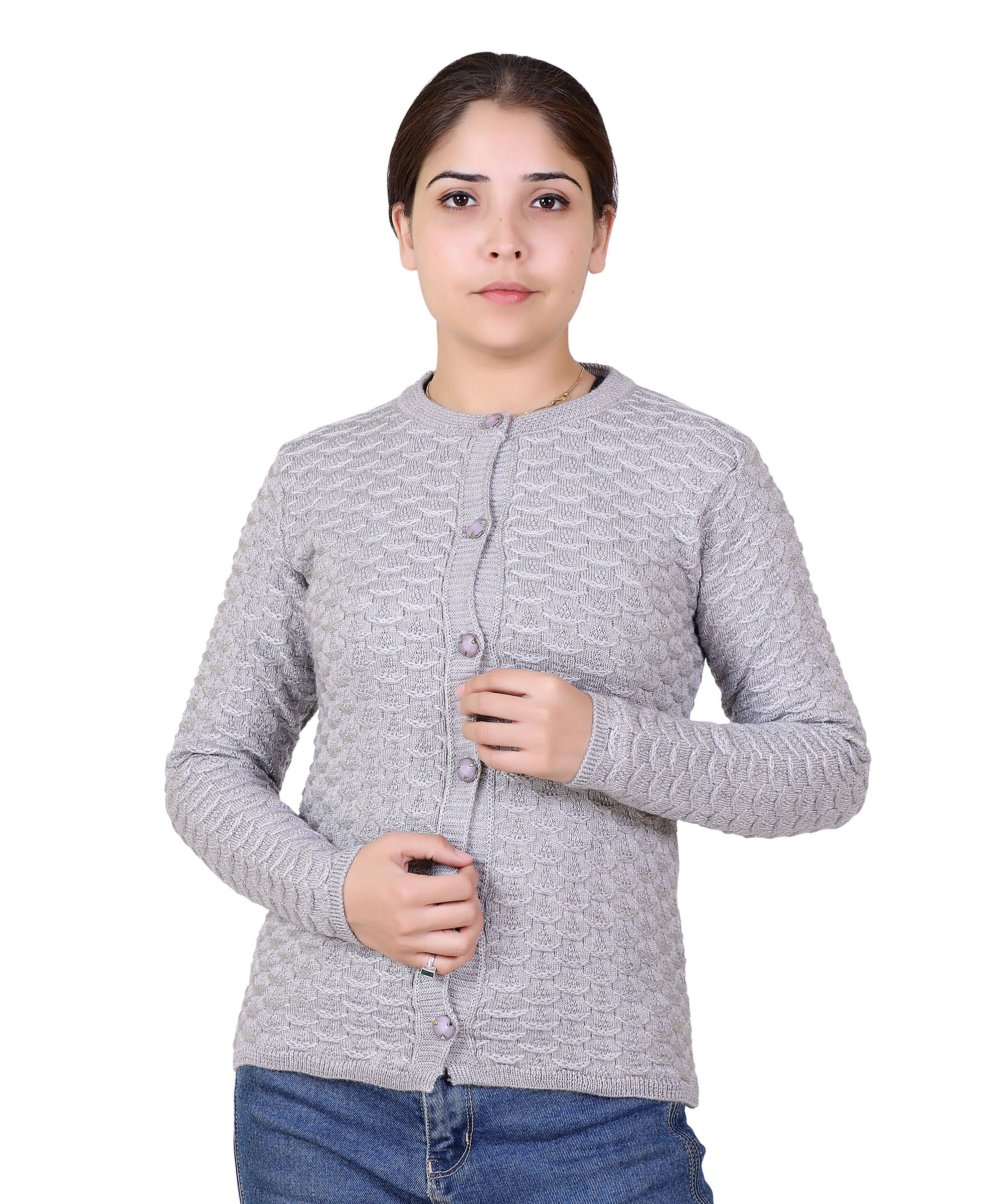     			Varenyam Women Acrylic Round Neck Cardigan ( Grey )