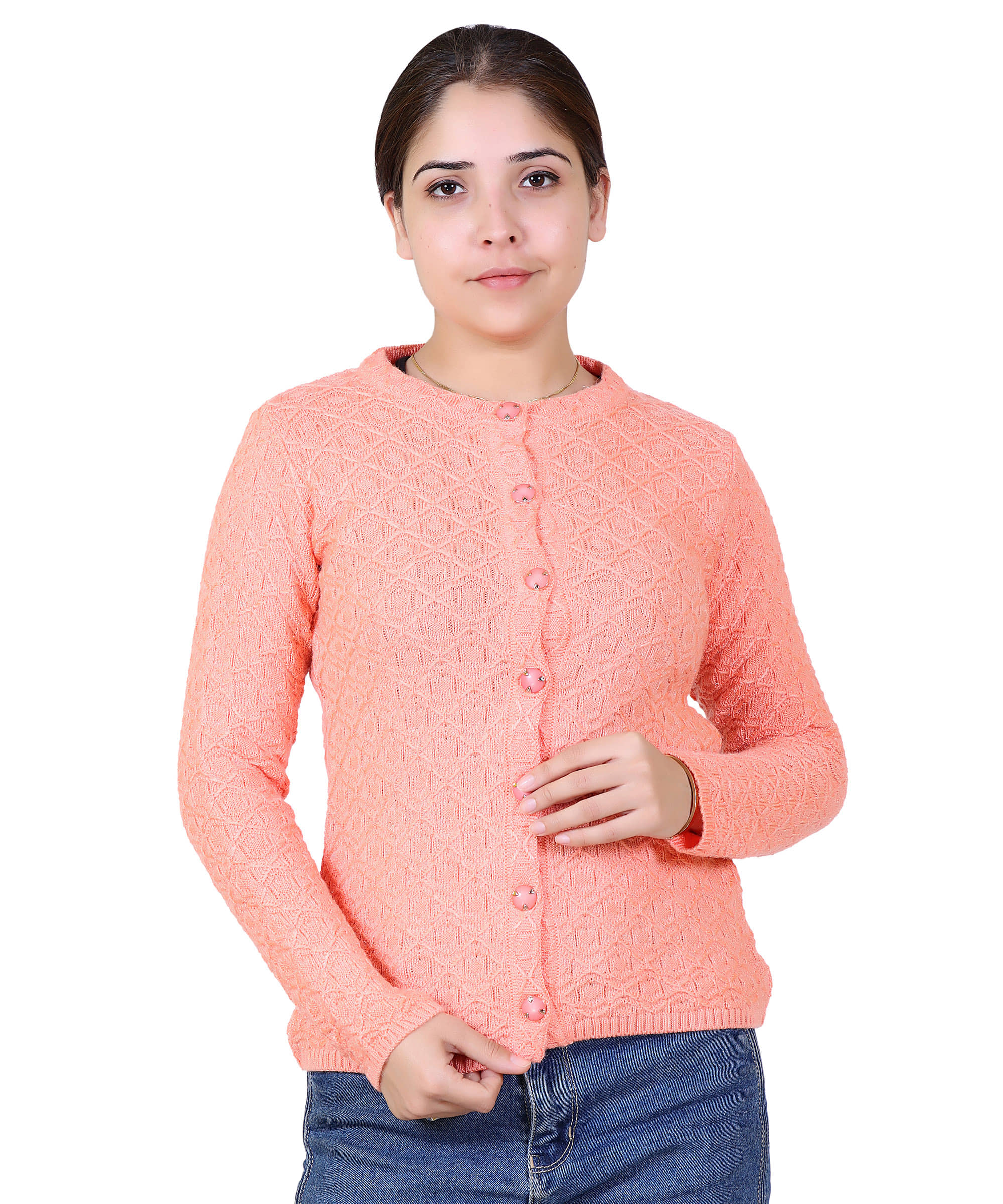Varenyam Acrylic Peach Buttoned Cardigans - Single