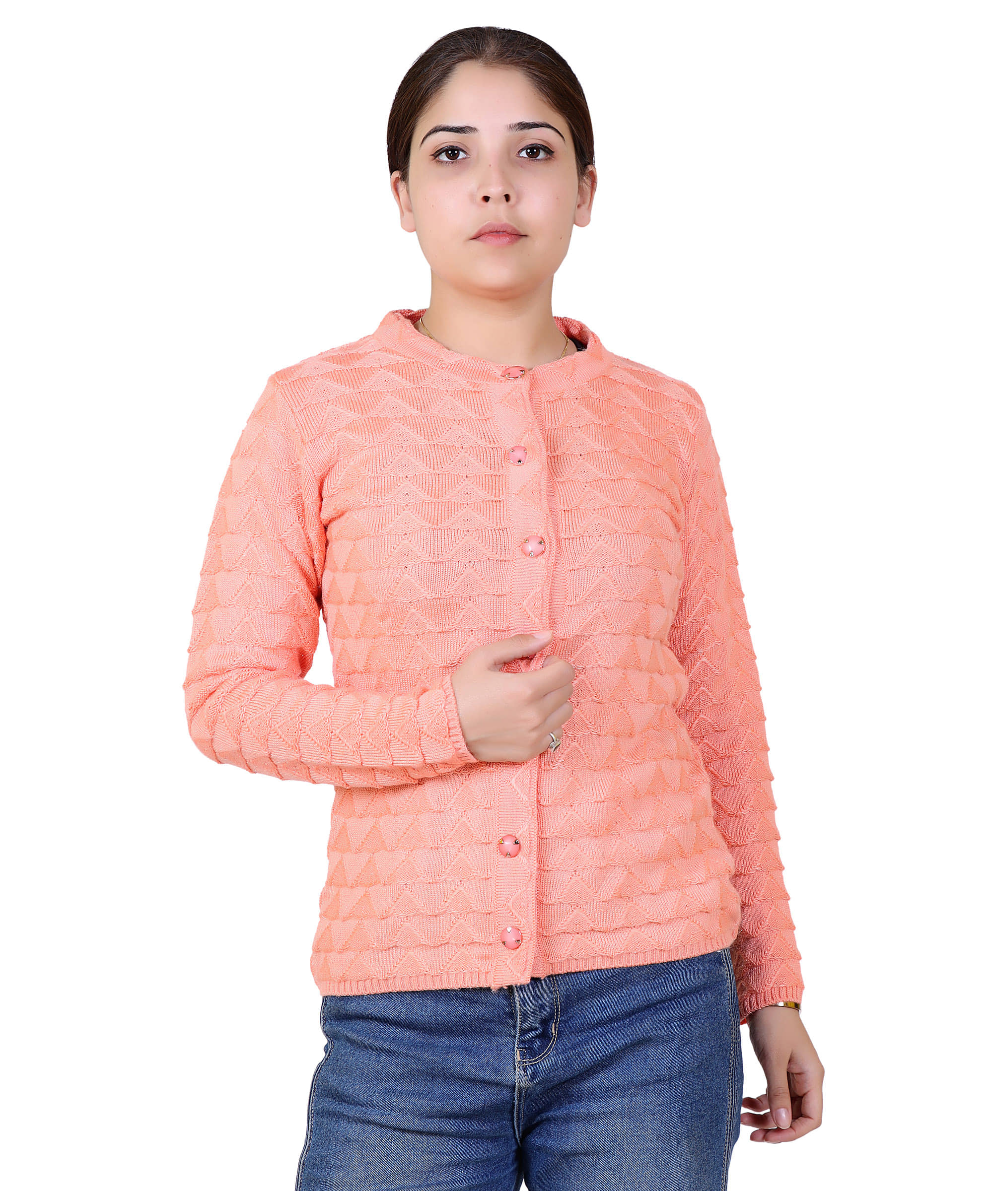 Varenyam Acrylic Peach Buttoned Cardigans - Single