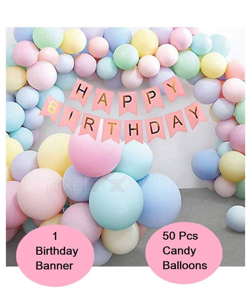 Kiran Enterprises Happy Birthday Banner (Pink) + Multi Candy Balloons (Pack of 50) Kiran Enterprises Happy Birthday Banner (Pink) + Multi Candy Balloons (Pack of 50)