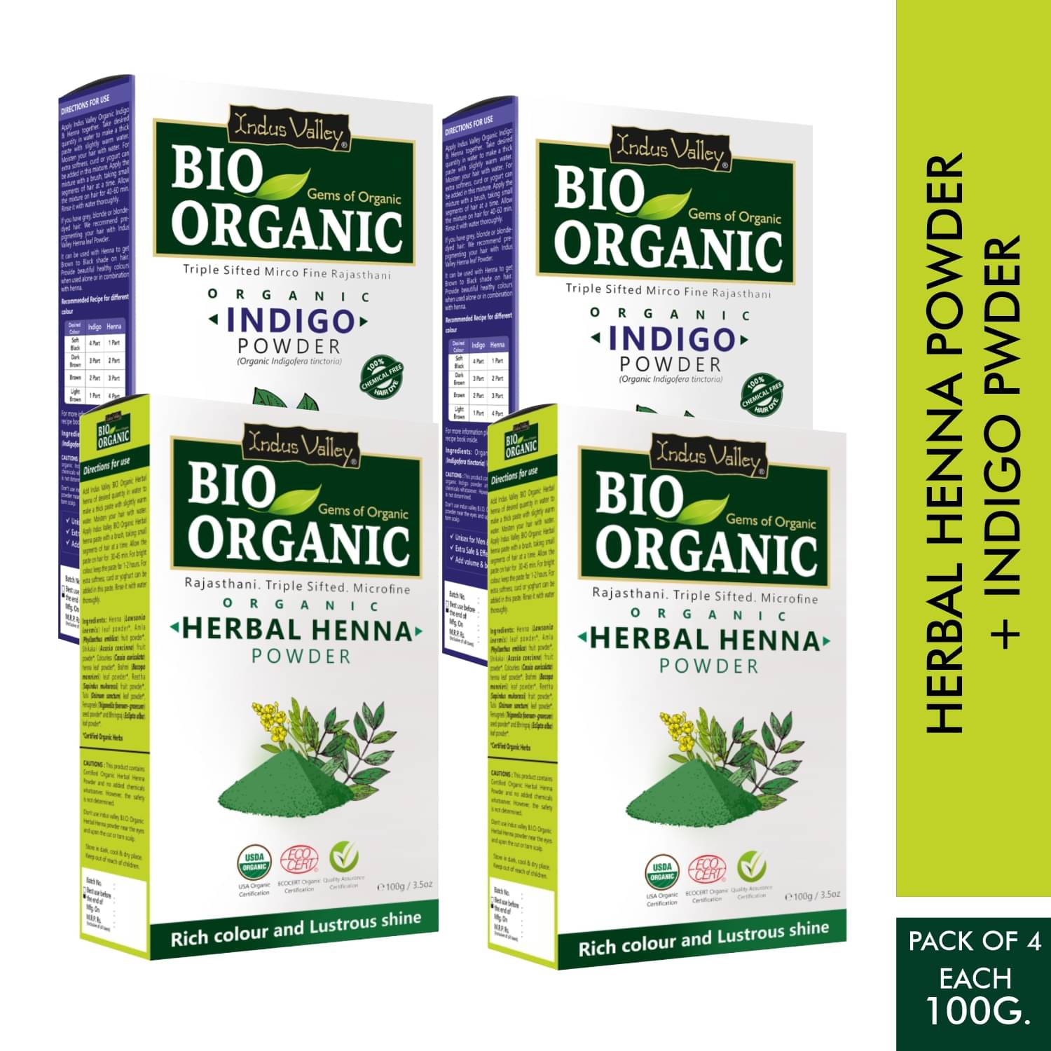 Indus Valley BIO Organic Indigo With Herbal Henna Each Natural Henna 100 g Pack of 4 Indus Valley BIO Organic Indigo With Herbal Henna Each Natural Henna 100 g Pack of 4