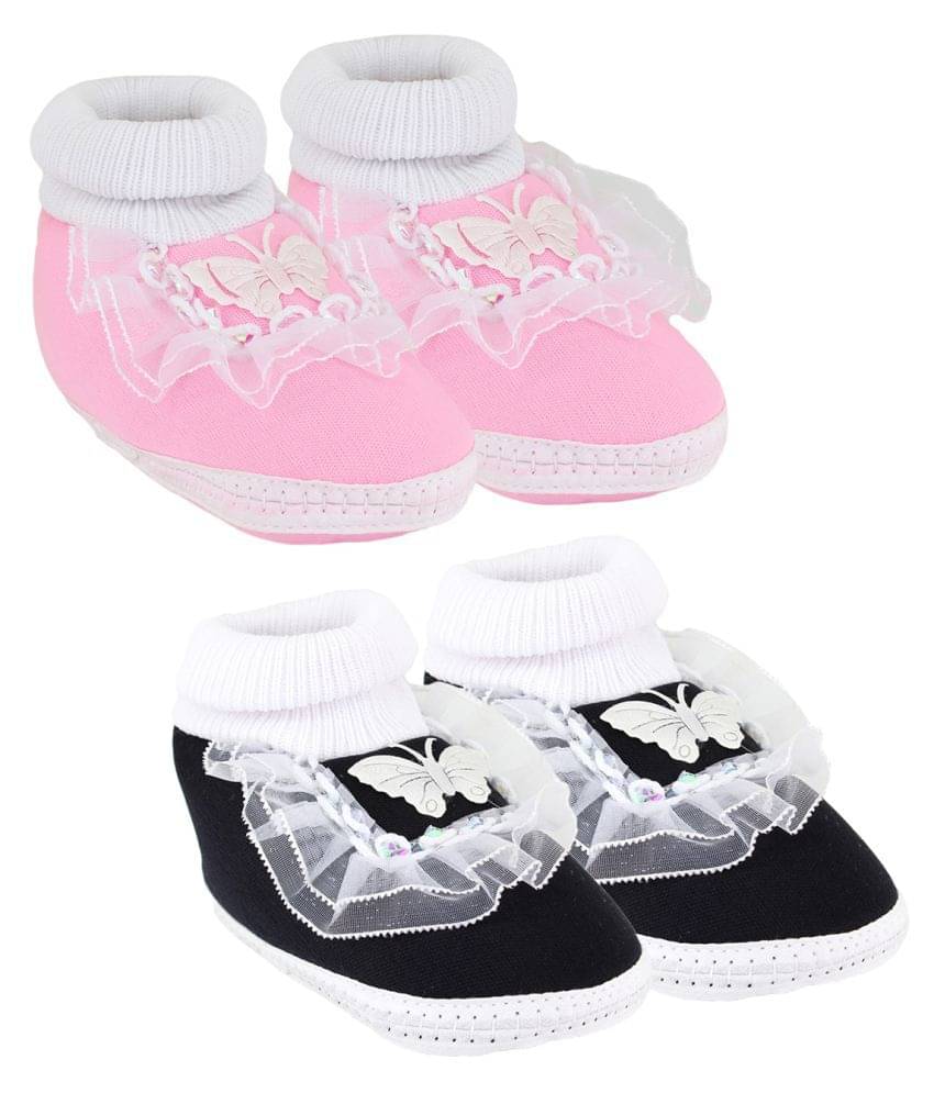     			Neska Moda Baby Boys And Baby Girls BabyPink And Black Soft Slip On Booties For 0 To 6 Months