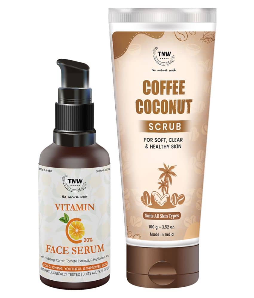 TNW - The Natural Wash Combo of Coffee Coconut Scrub with Vitamin C Face Serum Facial Kit 130ml mL Pack of 2
