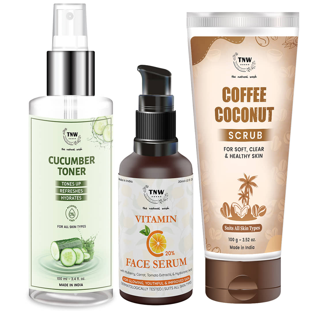 TNW - The Natural Wash Ultimate Coffee Coconut Scrub + Vitamin C  Serum & Cucumber Toner Facial Kit mL Pack of 3