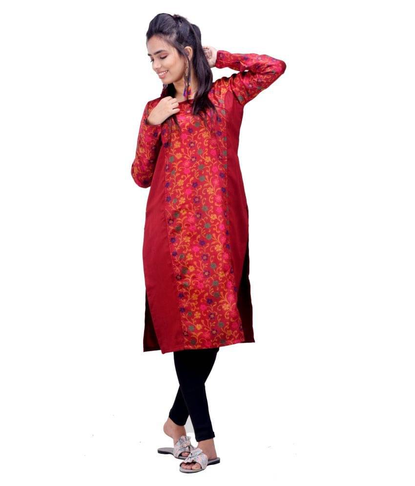     			CLYMAA Red Jacquard Straight Kurti