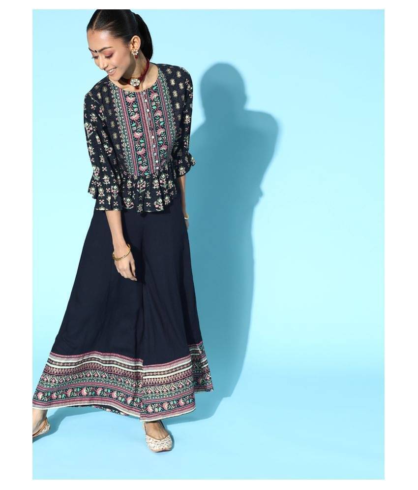     			Juniper Rayon Ethnic Top With Palazzo - Stitched Suit Single