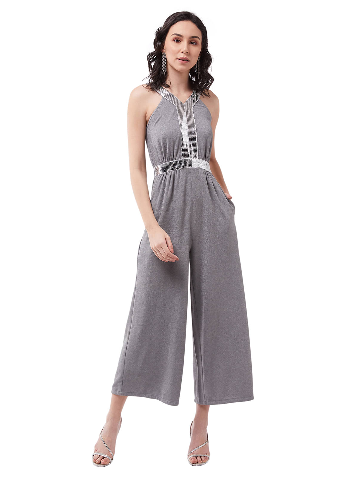 Miss Chase Silver Polyester Jumpsuit -     			Miss Chase Silver Polyester Jumpsuit -