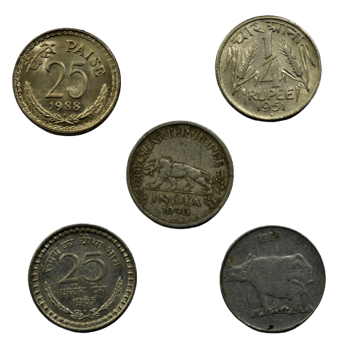 Sansuka - Republic INDIA - 5 different 25 paisa , char Anna, pav rupee 5 Numismatic Coins Sansuka - Republic INDIA - 5 different 25 paisa , char Anna, pav rupee 5 Numismatic Coins