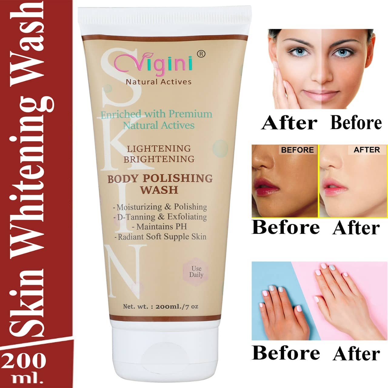 Vigini Skin Whitening Soap,Skin Whitening Cream Tablet Skin Whitening Serum use with Wash Face Wash + Scrub 200 mL