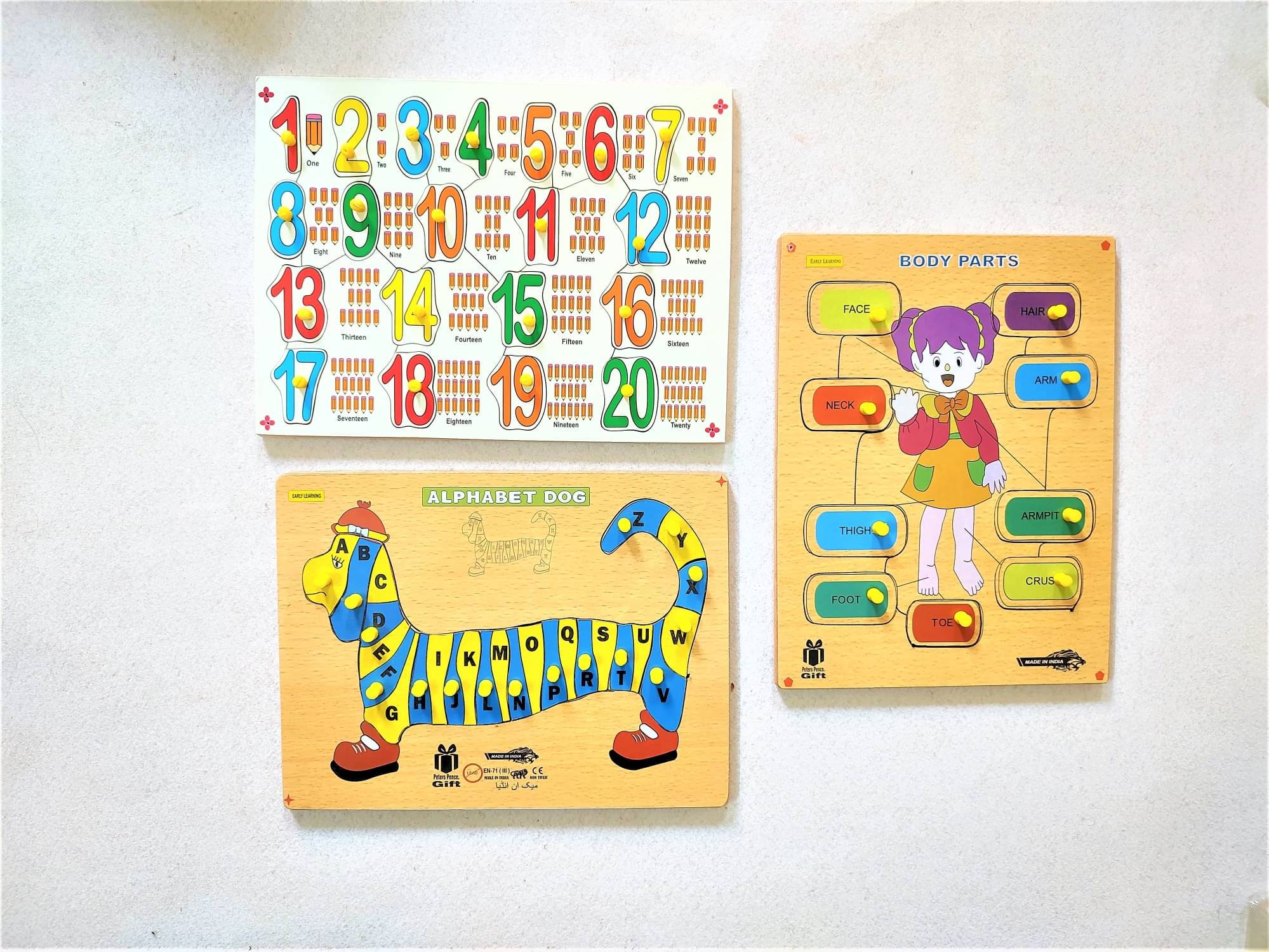     			Peters Pence Wooden  DOG  Alphabet, Learning Body Parts and Number 1-20  Learning Puzzle Board For Kids Pre Primary Education