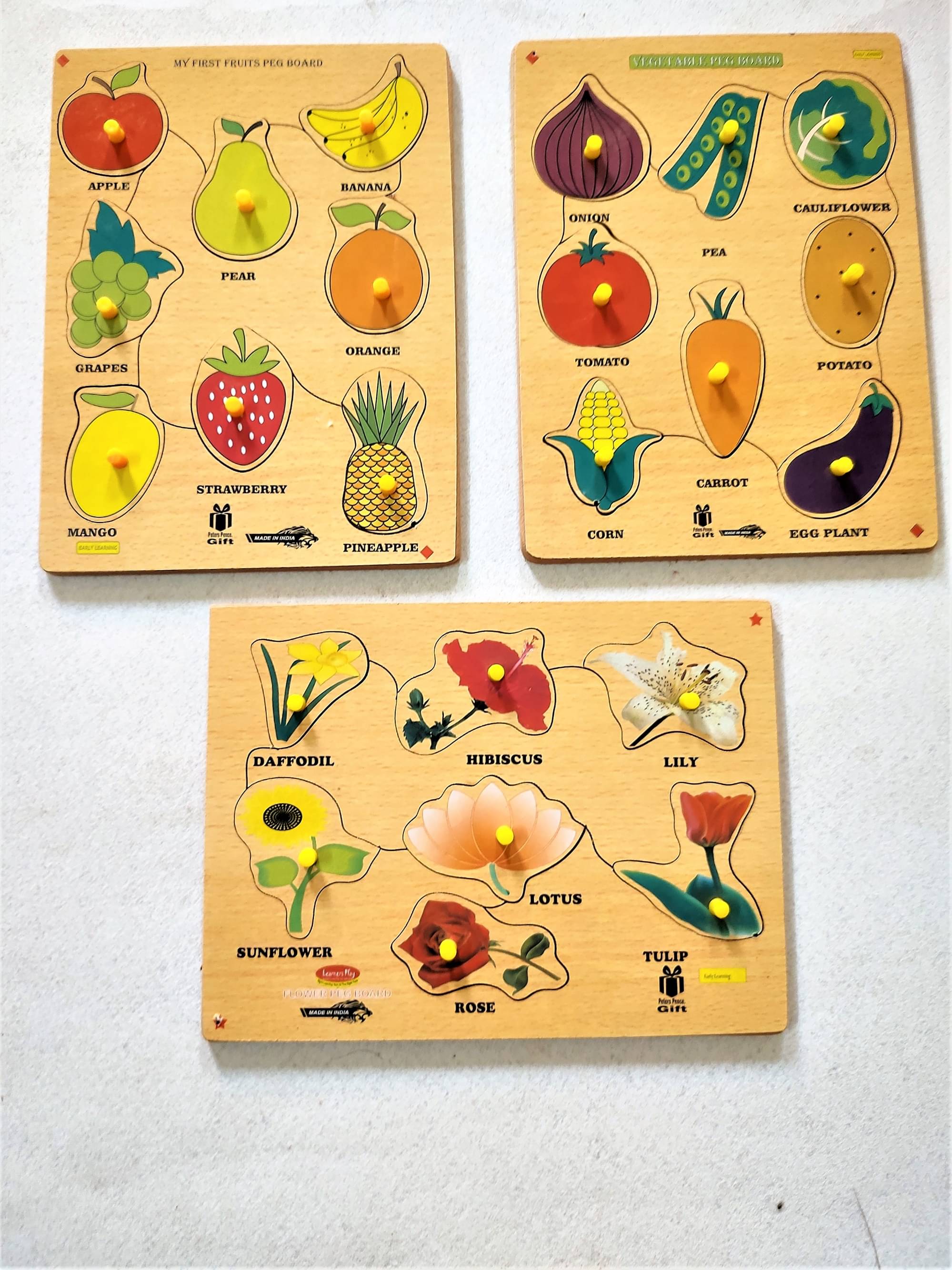     			Peters Pence Wooden Multi-Color SET OF VEGETABLE, FRUITS & FLOWERS PUZZLE Board  for Kids  ( COMBO OF 3 BOARDS) For Pre Primary Education