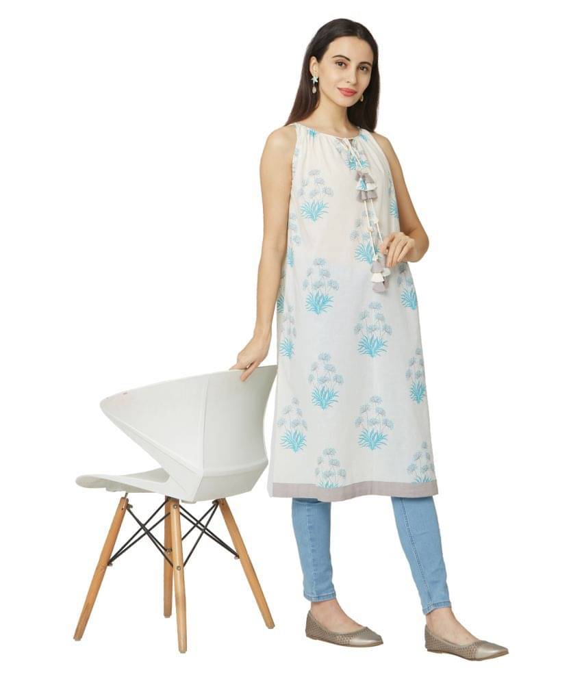 SAANJH White Cotton A-line Kurti - SAANJH White Cotton A-line Kurti -
