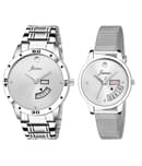 Jainx Silver Day and Date Functioning Dial Analogue Watch For Couples