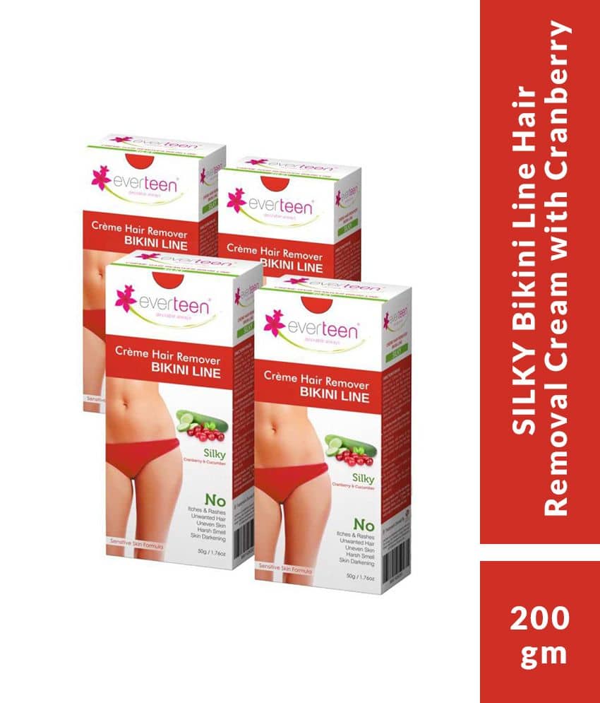 everteen SILKY Bikini Line Hair Remover Creme with Cranberry and Cucumber - 4 Packs (50g Each)