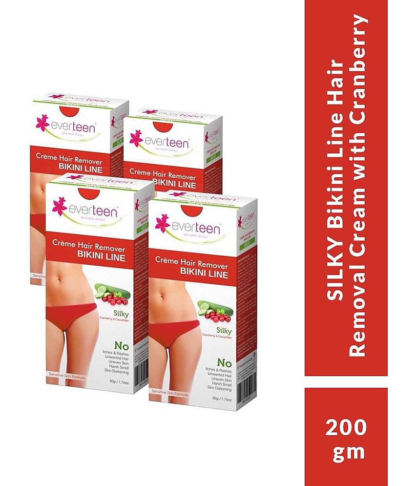 everteen SILKY Bikini Line Hair Remover Creme with Cranberry and Cucumber - 4 Packs (50g Each)