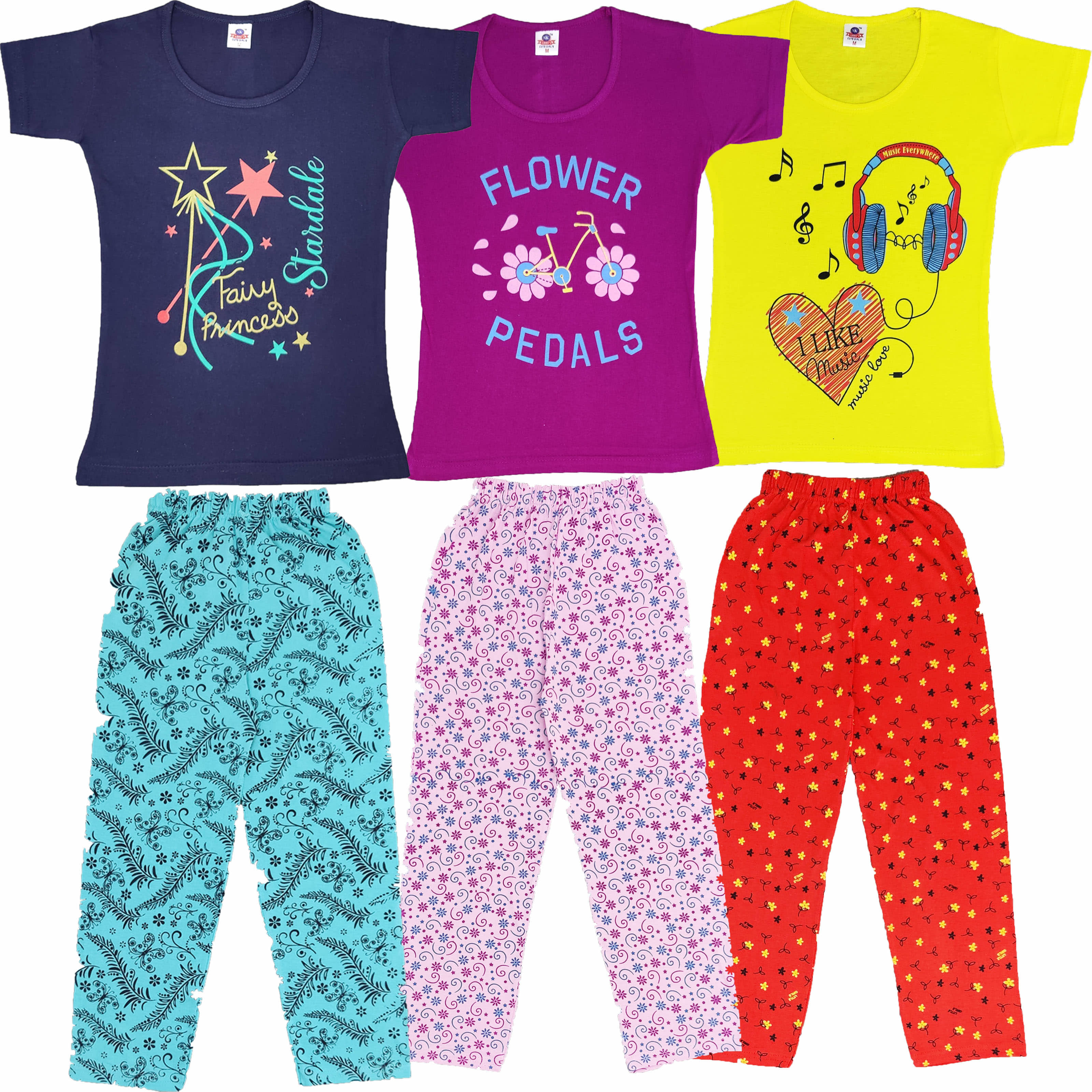 CRAZYON Pack of 3 Girls 100% Cotton Pyjama ( Multi )