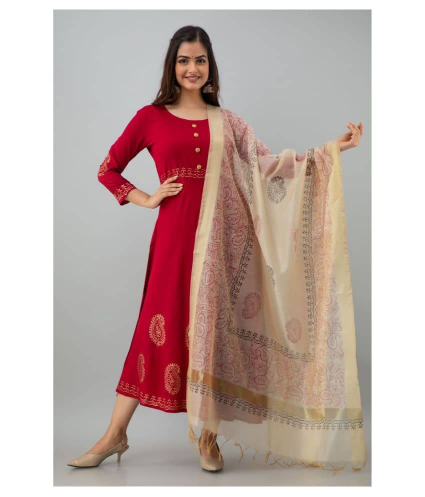 FABRR - Maroon Rayon Women's Flared Kurti with Dupatta ( Pack of 1 ) - Kurtis, Tunics | Buy online on ZillyBuy