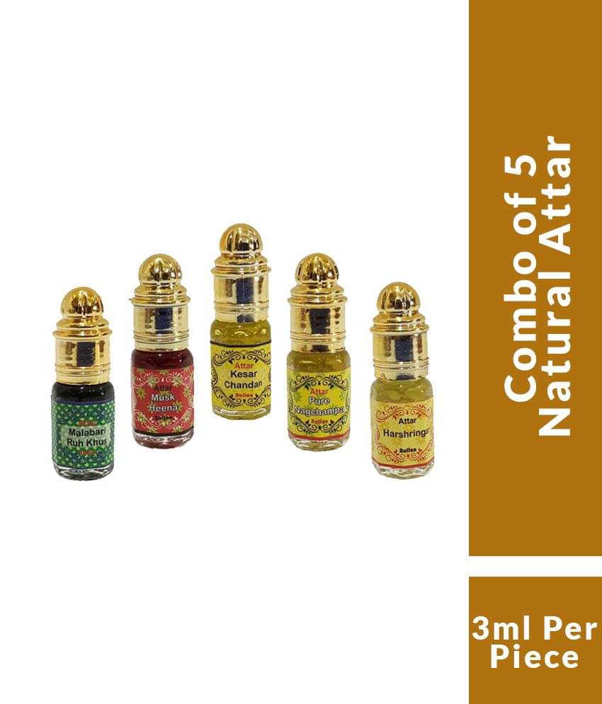 INDRA SUGANDH BHANDAR Attar Ruh Khus, Musk Heena, Kesar Chandan, Har Shringar, Nag Champa 3ml Rollon 5 Pc. Combo Pack INDRA SUGANDH BHANDAR Attar Ruh Khus, Musk Heena, Kesar Chandan, Har Shringar, Nag Champa 3ml Rollon 5 Pc. Combo Pack