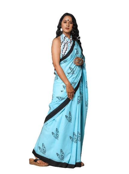 PINKCITY TRADE WORLD Cotton Printed Saree With Unstitched Blouse Piece ( Blue ) - Sarees | Buy online on ZillyBuy